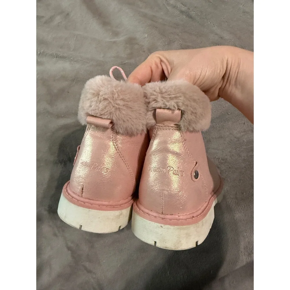 DREAM PAIRS Pink Girl Kid Side Zipper Lace up Faux Fur Ankle Size 2 Warm Sparkle